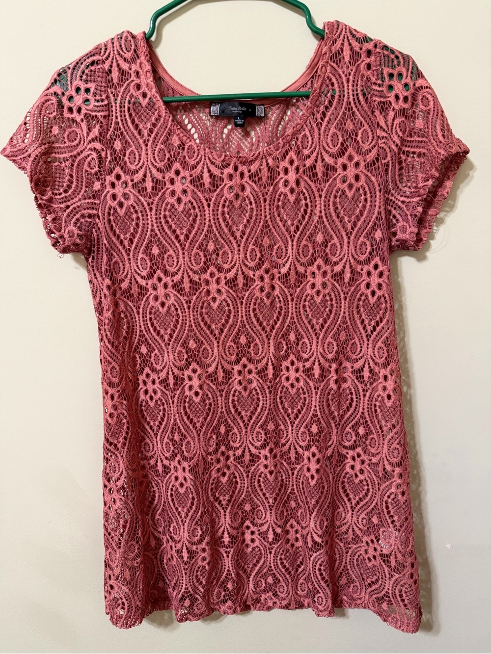 Tutta Bella large Crochet Lace open weave cap Sleeve tunic mauve